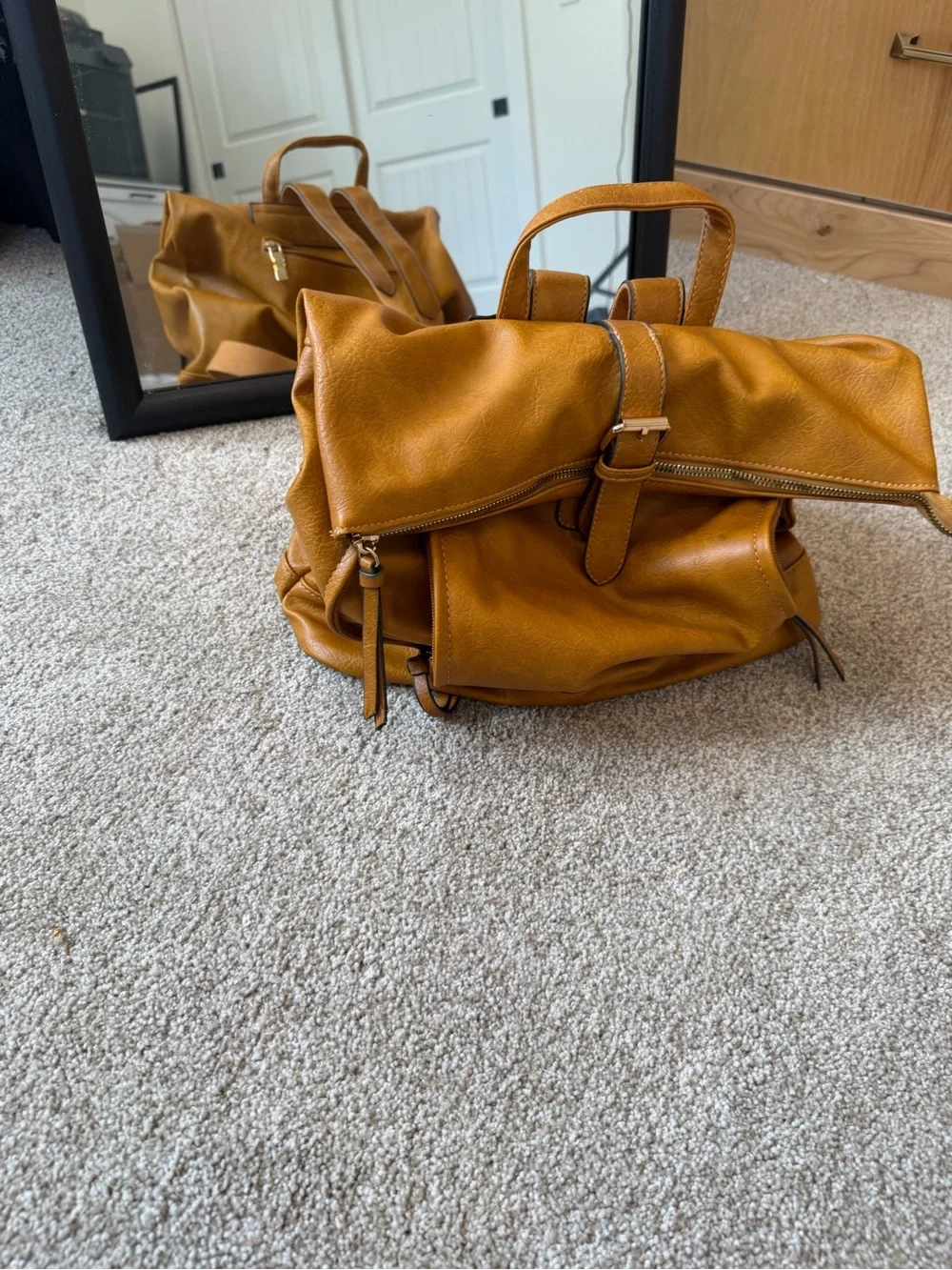 Camel Faux Leather Fold-Over Backpack/ Convertible Laptop Travel Bag.